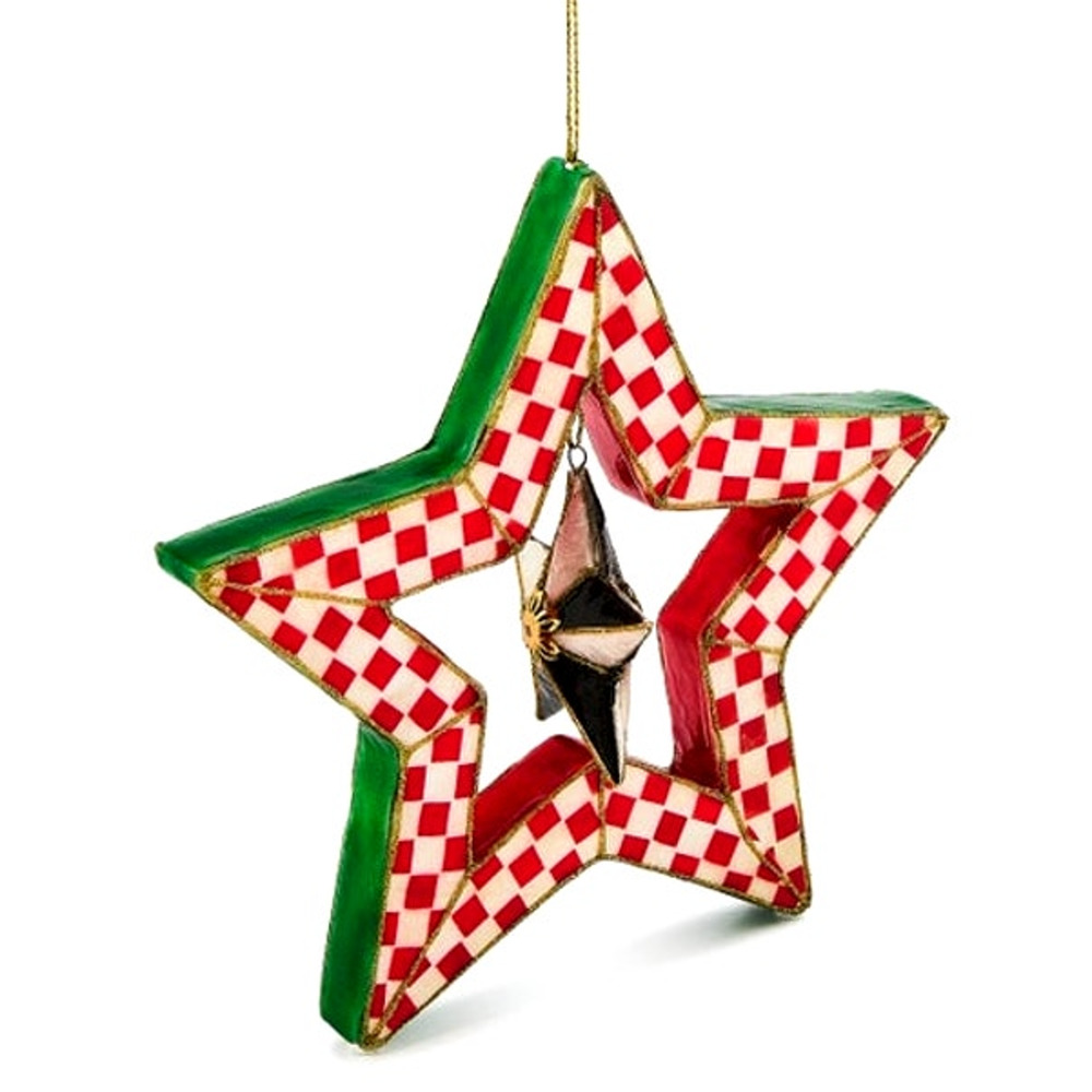 NEW Mackenzie-Childs Check It Out Red Capiz Star Ornament 8.25in Christmas